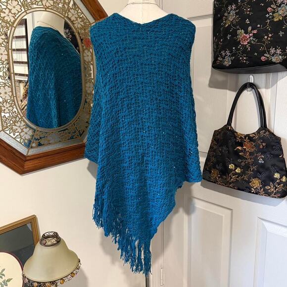 VTG Y2K Teal Blue & Green Threaded Sequin Whimsy Knit Poncho w Tassel Fringe OS - Picture 5 of 8